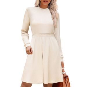 Long Sleeve Casual Crew Neck Ribbed Knit Textured Sweater Dress Apricot